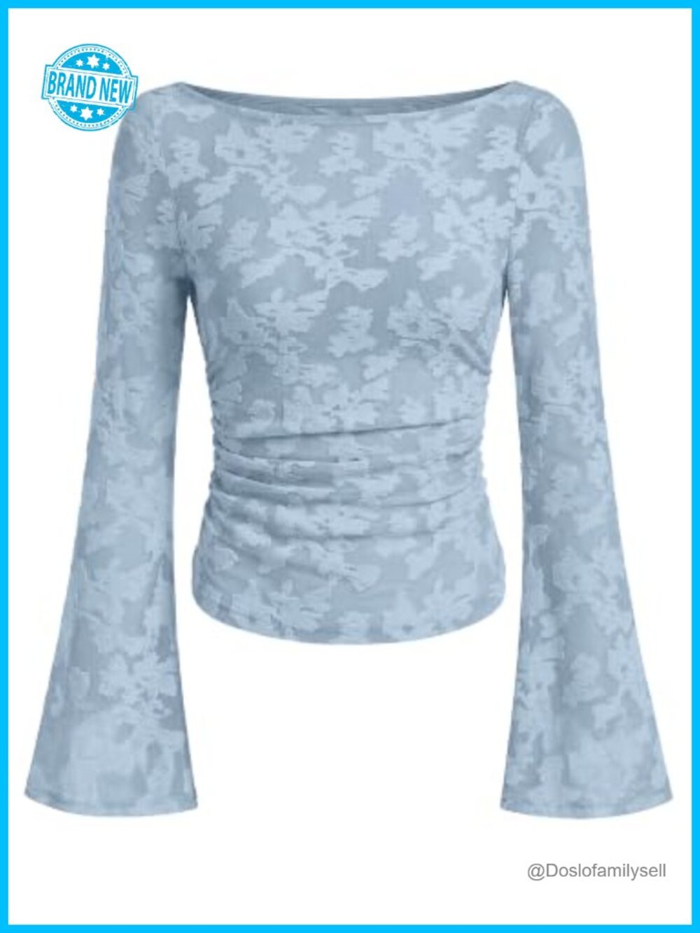 Women's Bell Sleeve Mesh Blouse Crop Top Ruched Floral Party Work